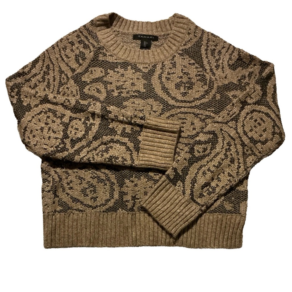 Tahari Brown Tan Paisley Crewneck Sweater